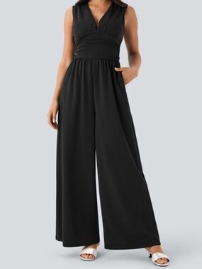 HALARA Black Sleeveless V-Neck Wide-Leg Jumpsuit